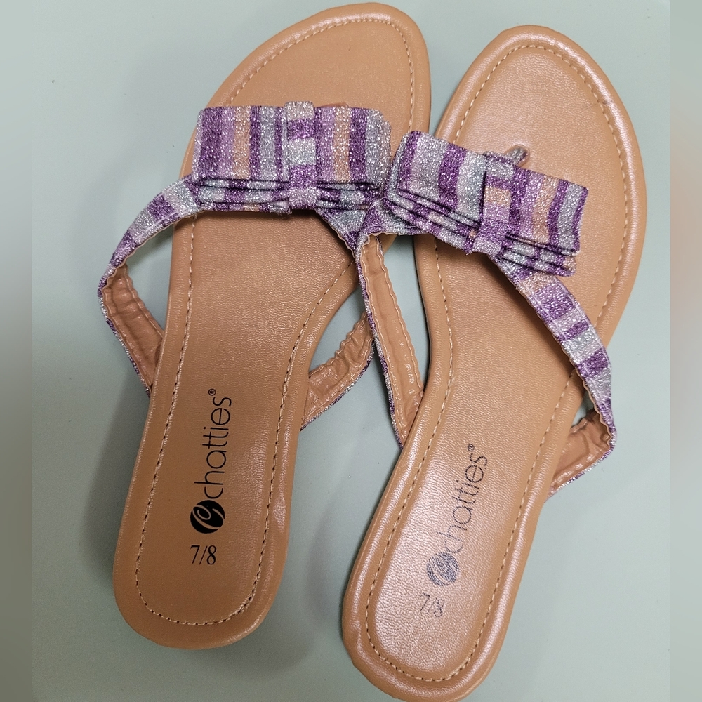 Chatties Purple and Tan Slide Sandals with Bow Detail